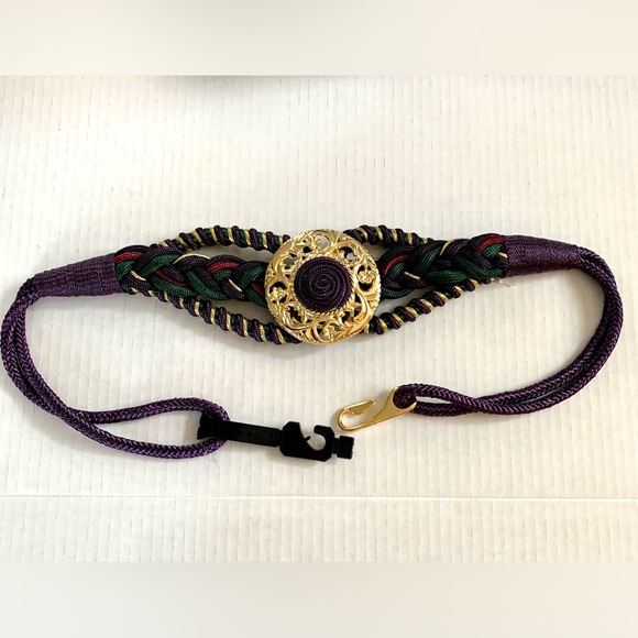 vintage 80’s 90’s statement belt stretch braided Jewel tones Purple Green Gold - Picture 9 of 10